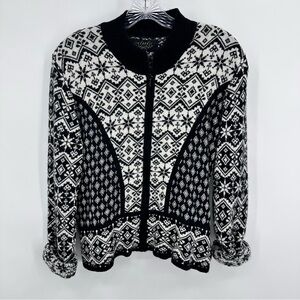 Icelandic Designs Angora Blend Full Zip Cardigan Black White Print Size M